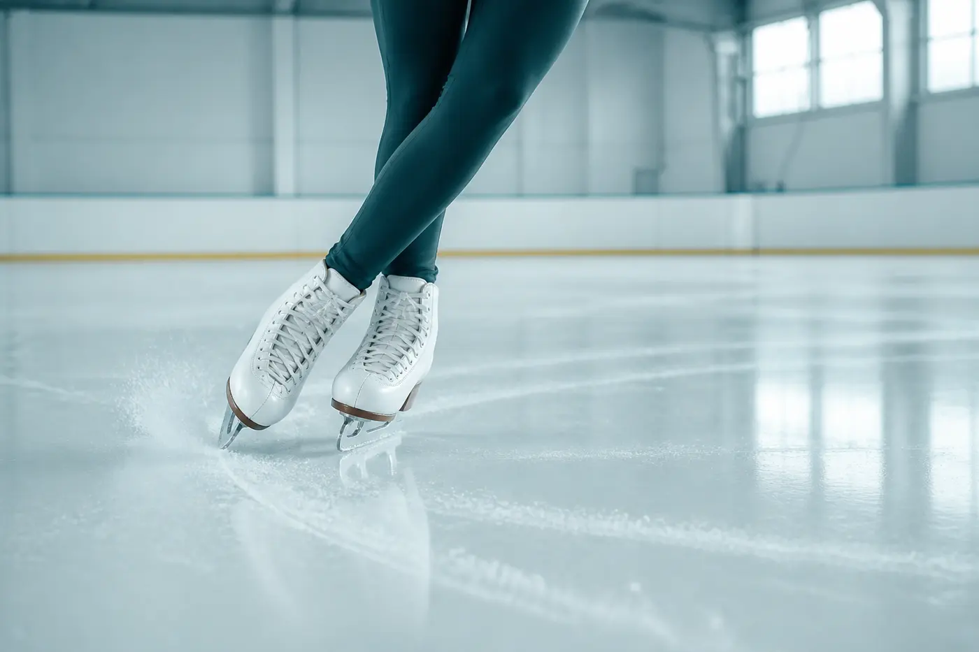 Kontrolliertes Training auf dem Eis: Kantenarbeit mit weißen Eiskunstlaufschuhen