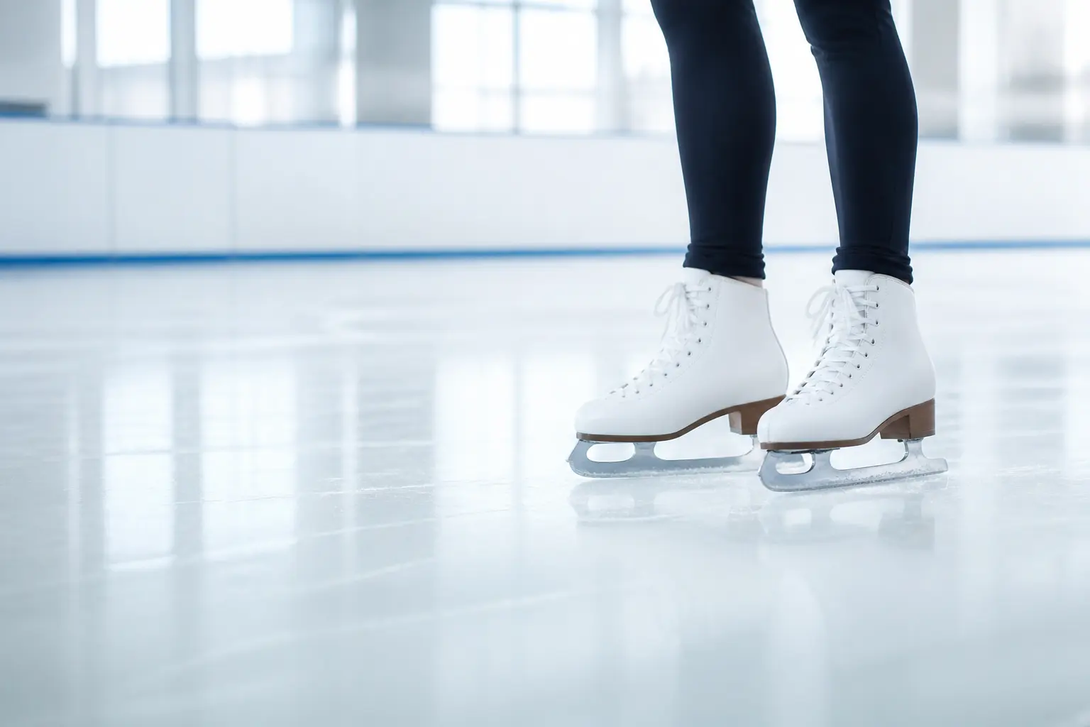 Weiße Schlittschuhe in einer hellen Eishalle